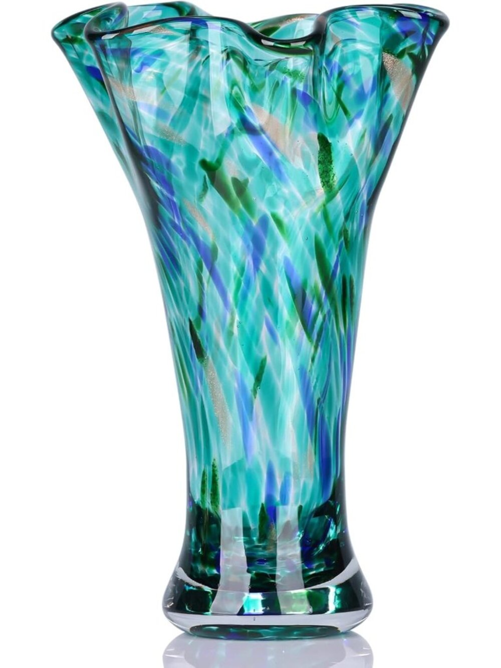 9.0" Teal Glass Unique Hand Blown Vases For Flower Wide Mouth Shelf Decorative